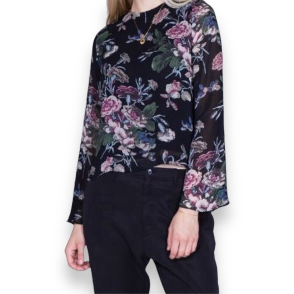 Ganni Blouse Bartlett Georgette Long Sleeve Black Floral Print Lined Medium